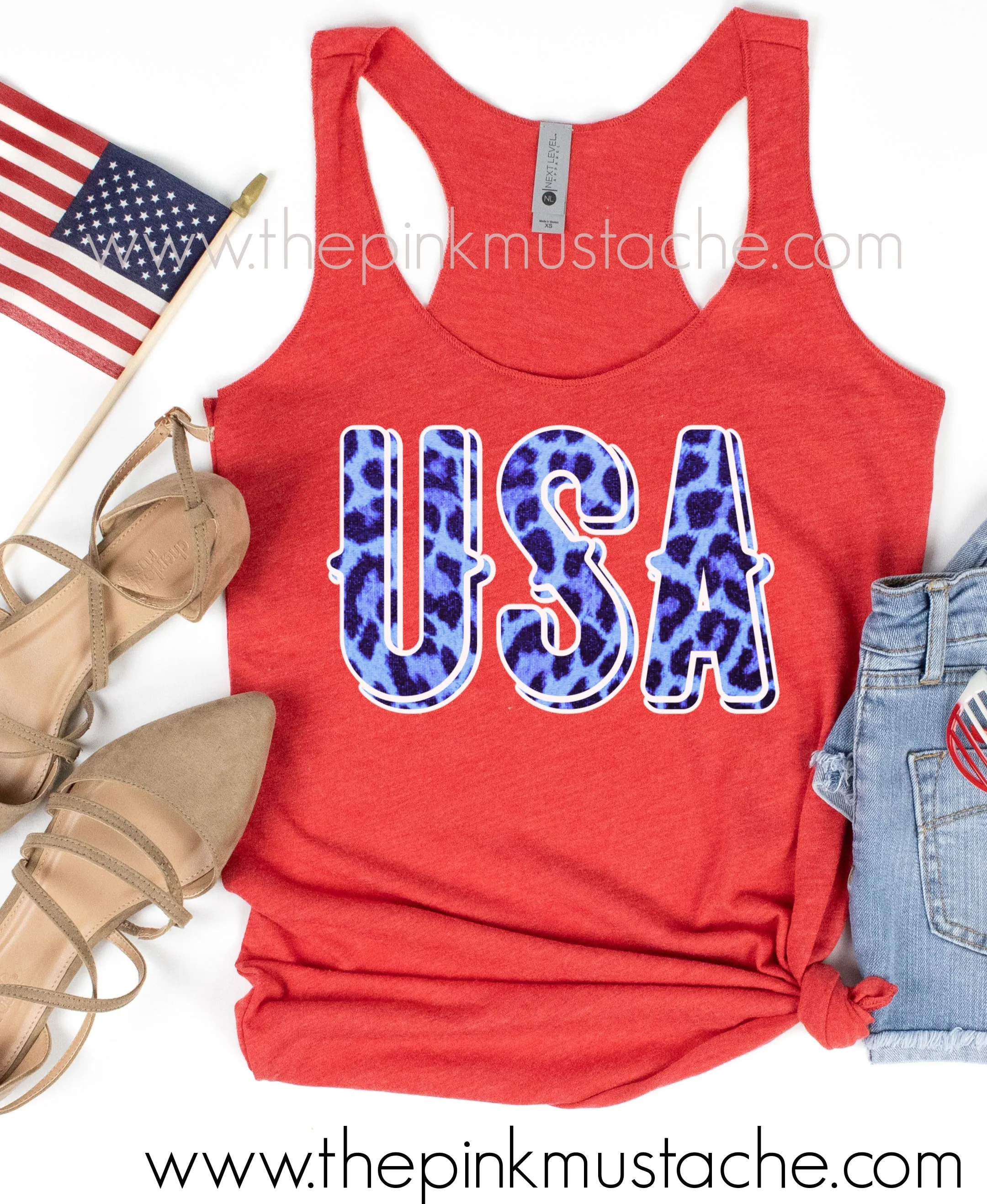 USA Leopard Print Red Racerback Tank / Memorial Day Tank / July 4th Triblend Tank Top