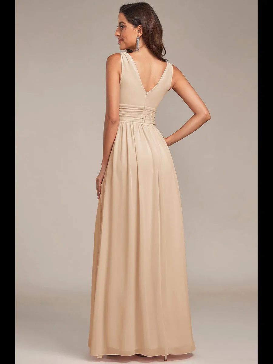 V Neck Sleeveless Pleated Chiffon Evening Dress