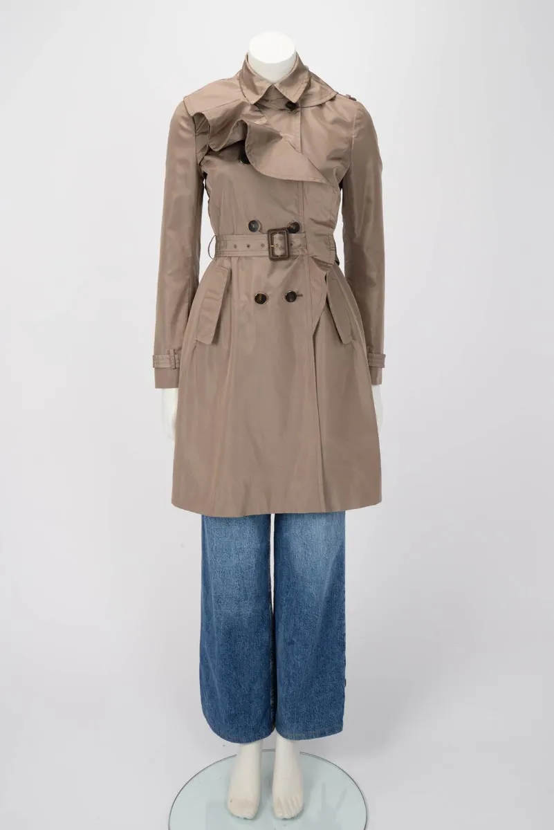 Valentino Taupe Silk Ruffle Front Trench Coat US 6
