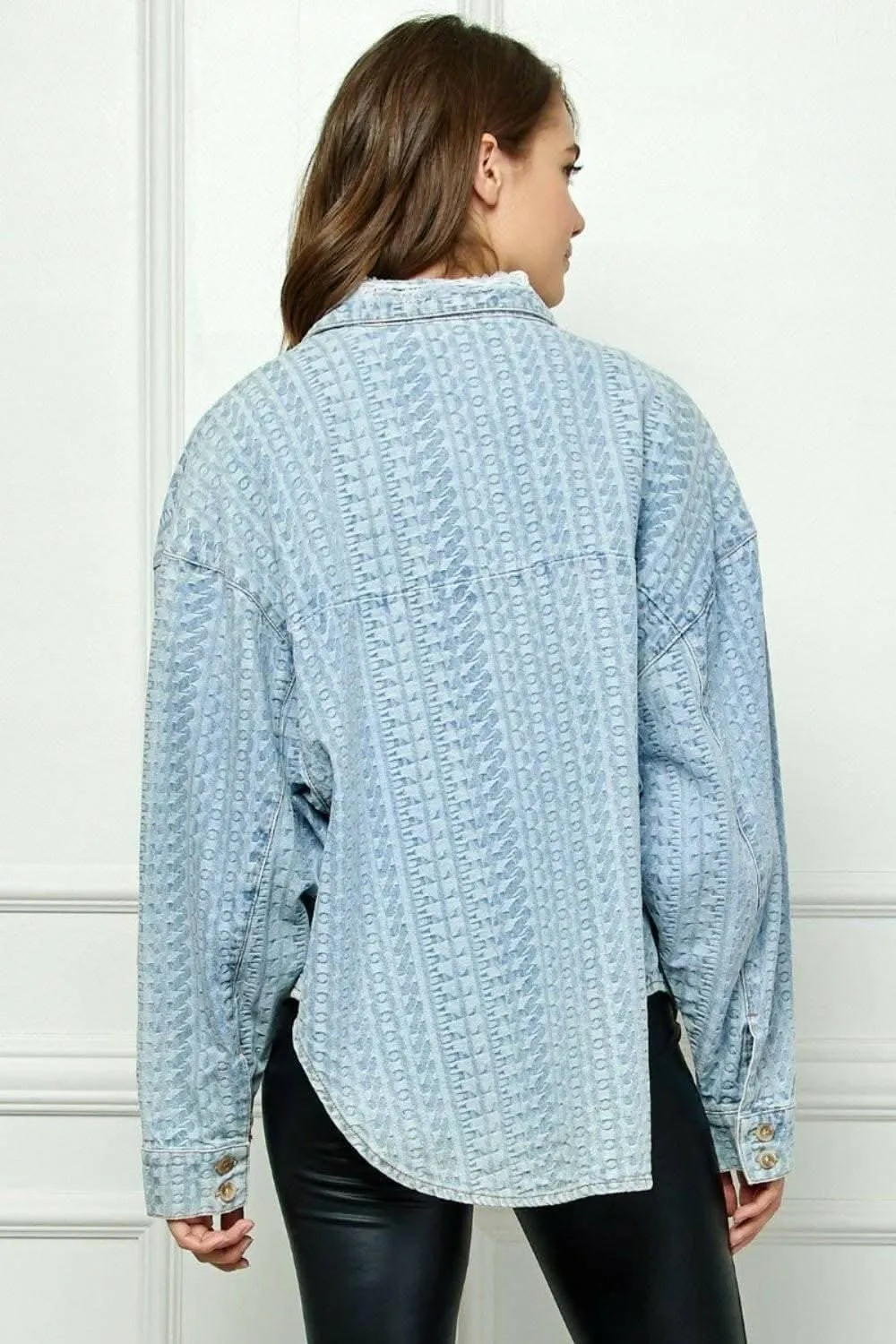 Veveret Denim Dropped Shoulder Button-Up Top with Pocket - Effortlessly Stylish Casual Chic