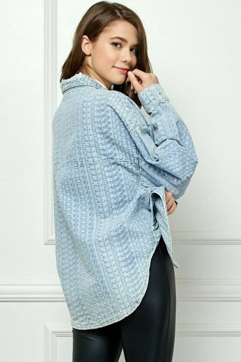 Veveret Denim Dropped Shoulder Button-Up Top with Pocket - Effortlessly Stylish Casual Chic