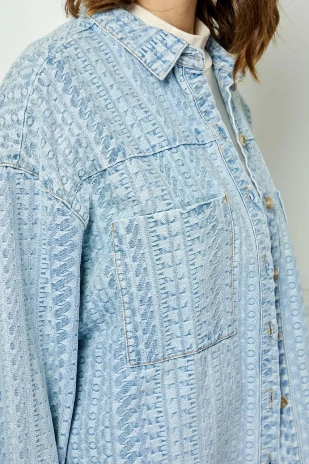 Veveret Denim Dropped Shoulder Button-Up Top with Pocket - Effortlessly Stylish Casual Chic