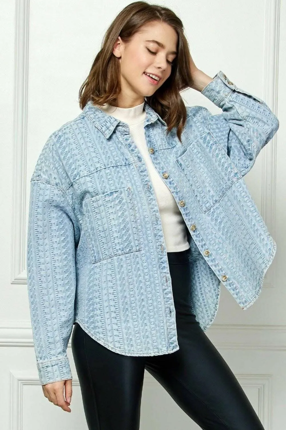 Veveret Denim Dropped Shoulder Button-Up Top with Pocket - Effortlessly Stylish Casual Chic