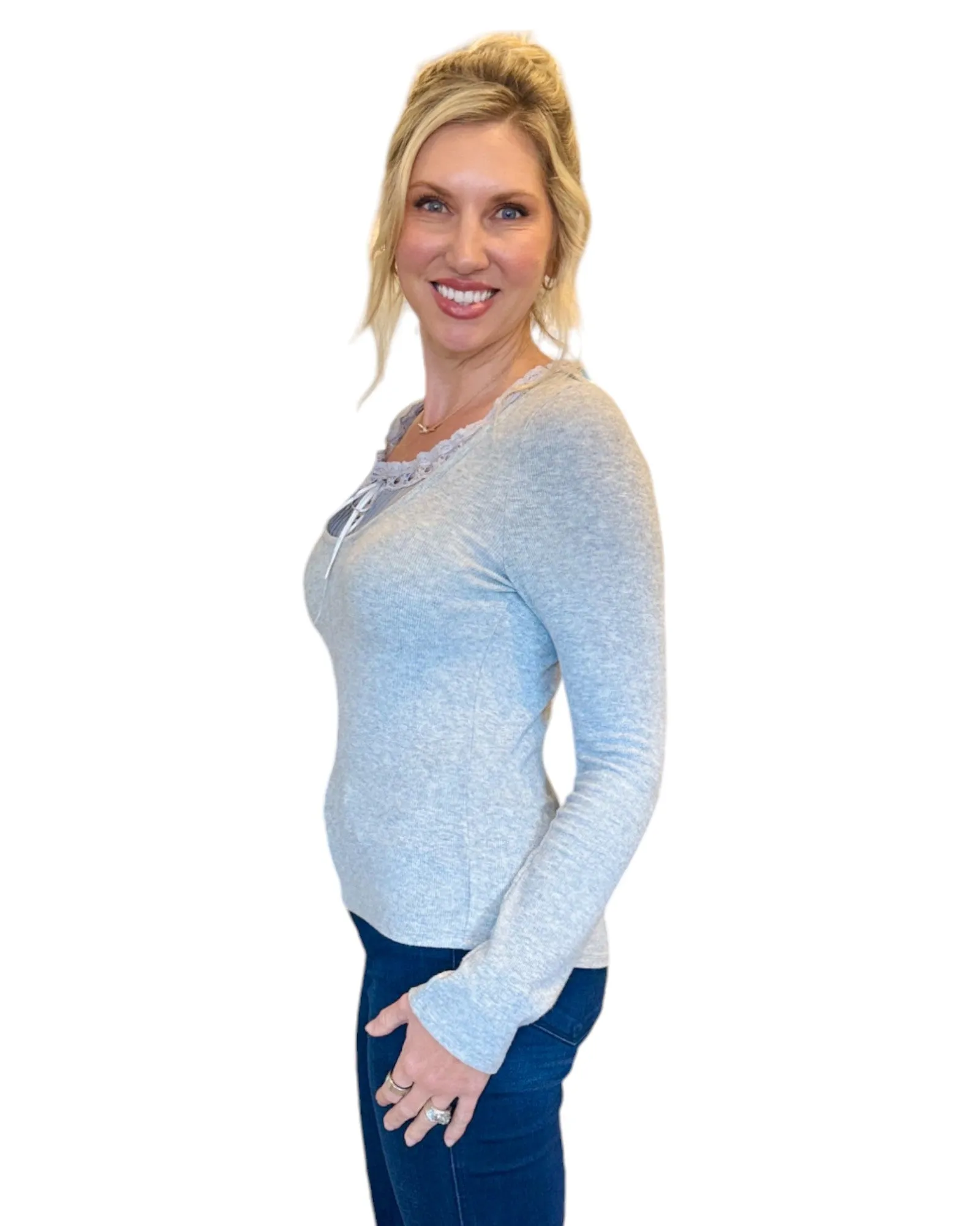 Vintage Grey Coquette Lace Long Sleeve Top