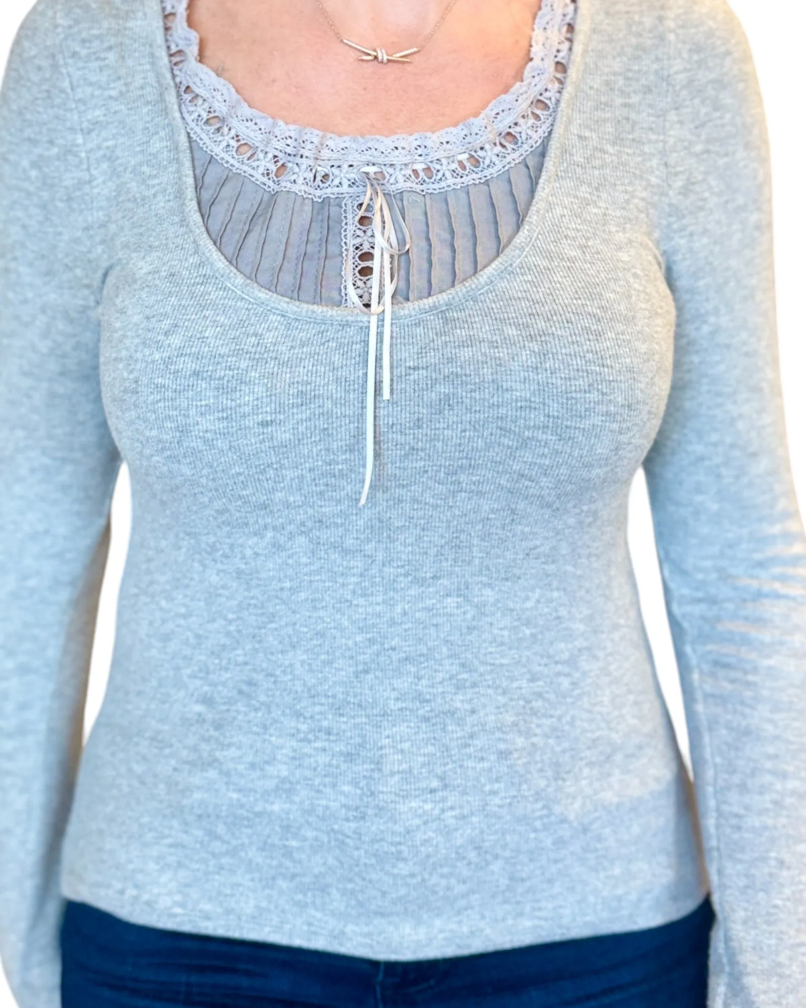 Vintage Grey Coquette Lace Long Sleeve Top