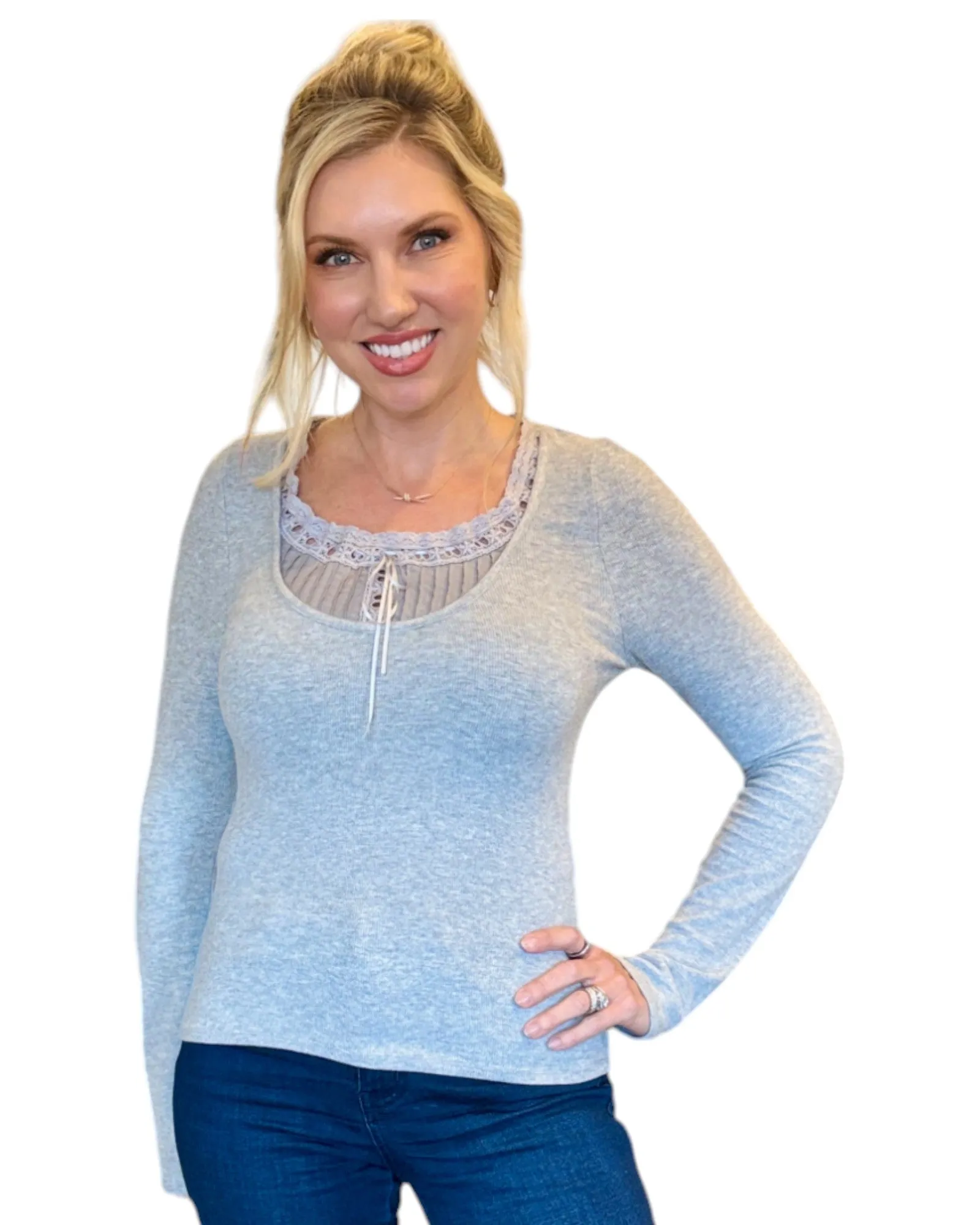 Vintage Grey Coquette Lace Long Sleeve Top
