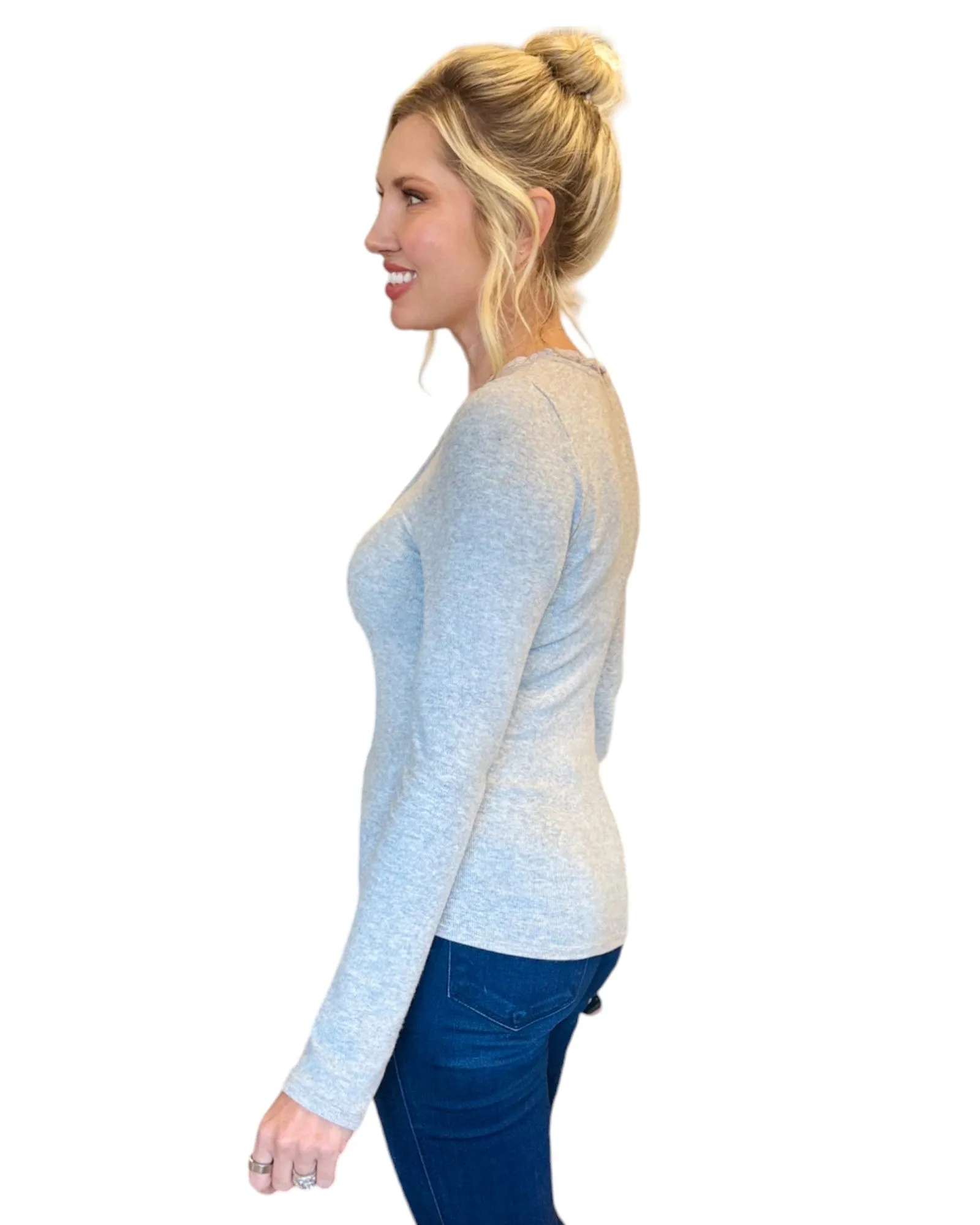Vintage Grey Coquette Lace Long Sleeve Top