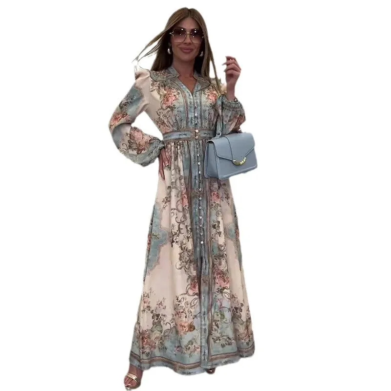 Vintage long Sleeves Buttons Down Print Maxi Dress