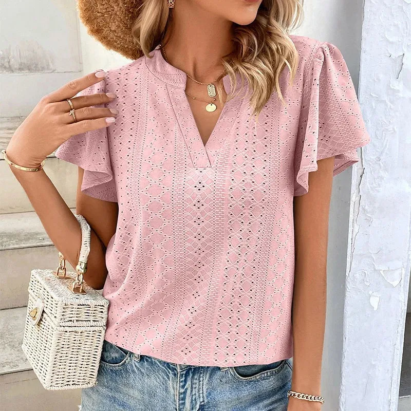Women Tops Hollow Solid Simple T-Shirt Spring Summer V Neck Blouses