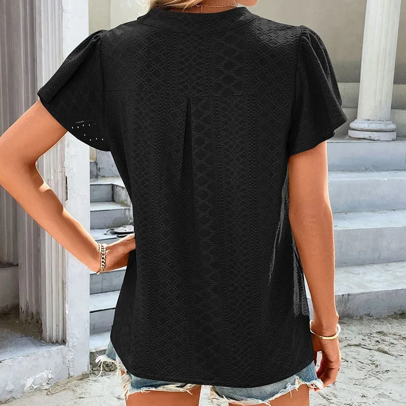 Women Tops Hollow Solid Simple T-Shirt Spring Summer V Neck Blouses