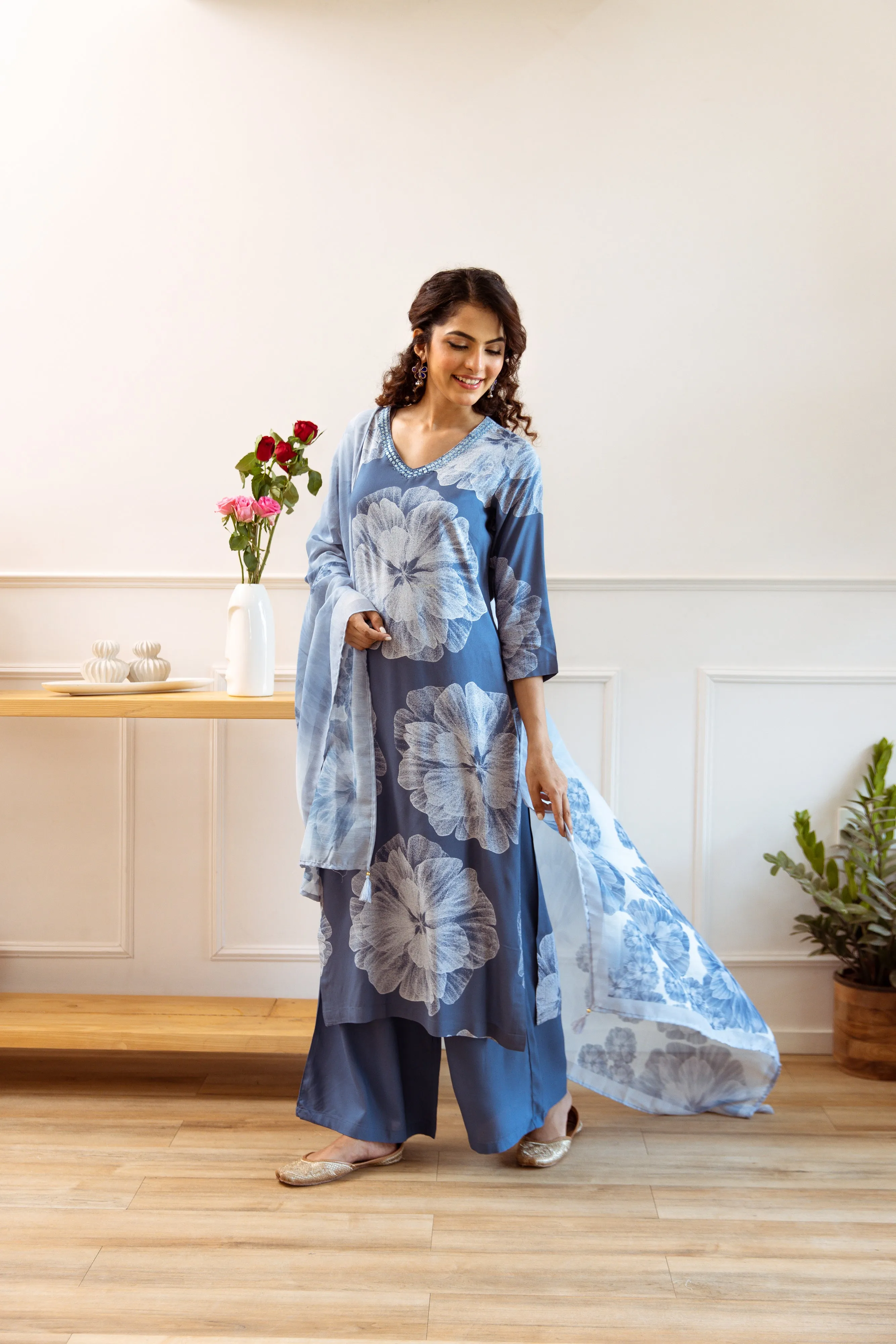 Women's Air Force Blue Rayon Kurta, Palazzo & Dupatta Set