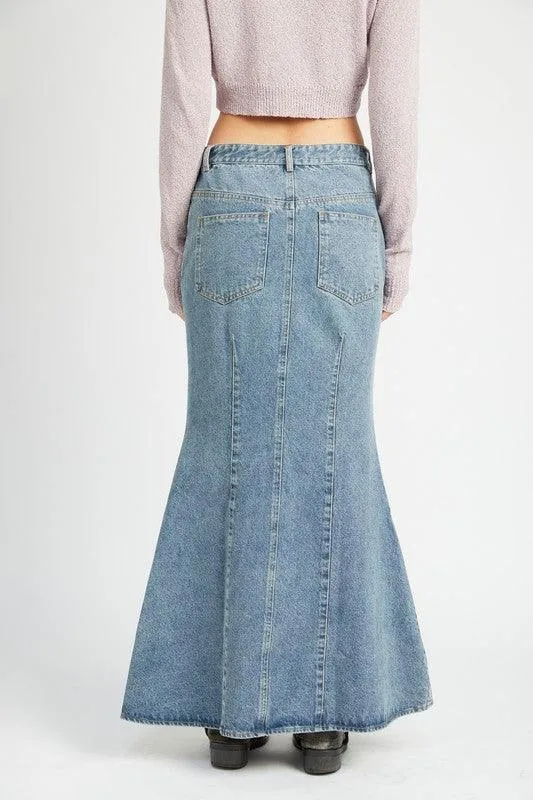 Womens Denim Blue Fluted Mermaid Denim Jean Skirt