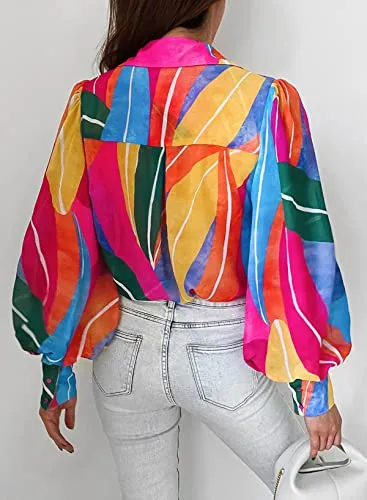Women's Dressy Long Sleeve V-Neck Button Down Shirt, Spring Fall Casual Business Fashion, Hawaiian Multicolor