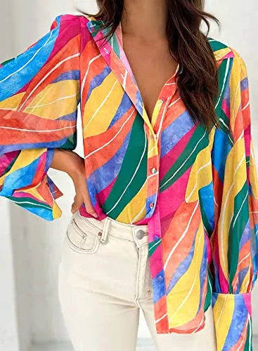 Women's Dressy Long Sleeve V-Neck Button Down Shirt, Spring Fall Casual Business Fashion, Hawaiian Multicolor