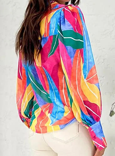 Women's Dressy Long Sleeve V-Neck Button Down Shirt, Spring Fall Casual Business Fashion, Hawaiian Multicolor
