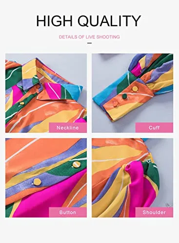 Women's Dressy Long Sleeve V-Neck Button Down Shirt, Spring Fall Casual Business Fashion, Hawaiian Multicolor